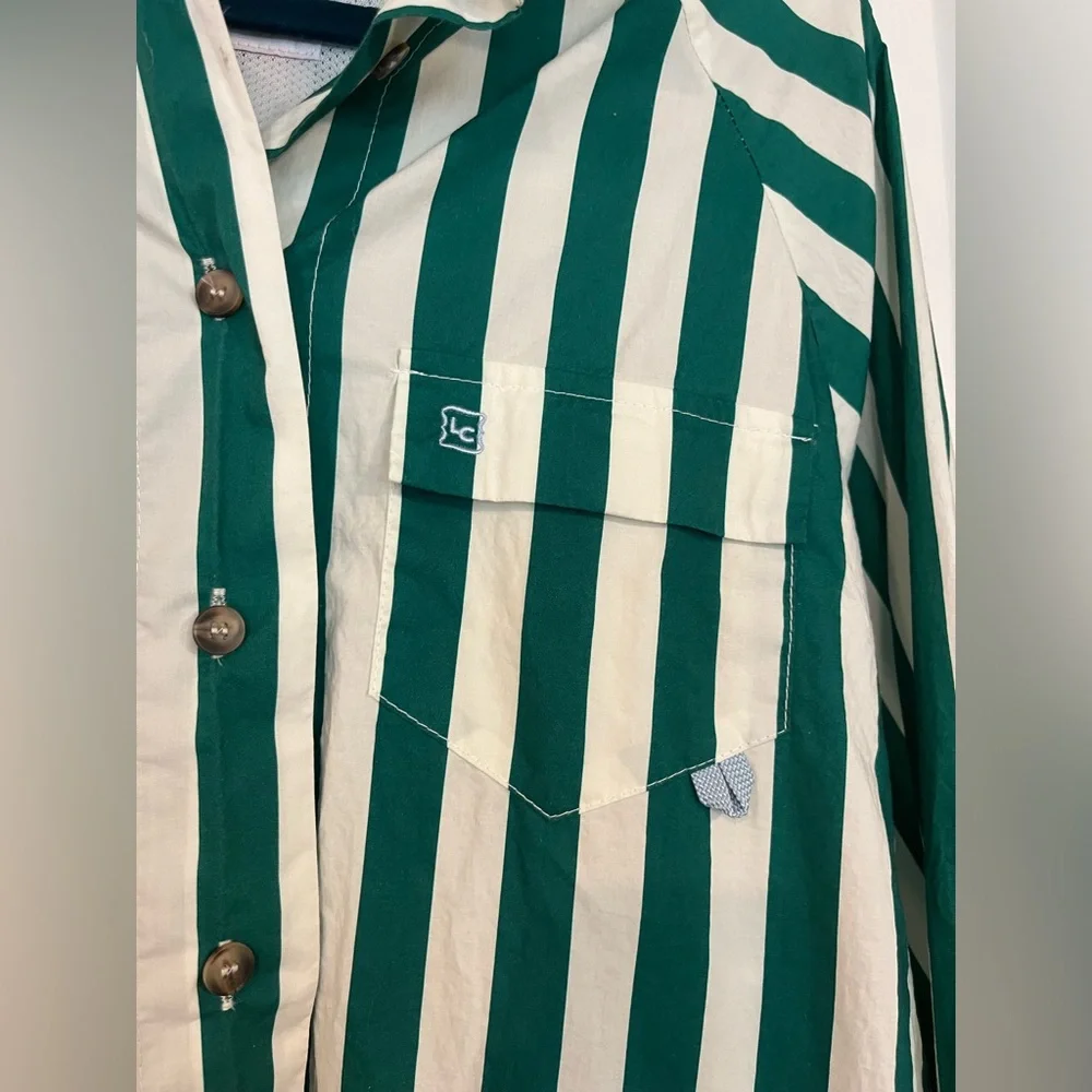 Lady Captain The Captain Shirt Green Cabana Stripe Button Up Fishing Long Sleeve - Picture 3 of 13